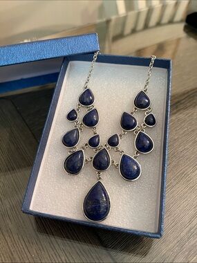 Lapis Stone Bib Statement Necklace- Silver-tone Setting Approx 18 3/4” - 21”